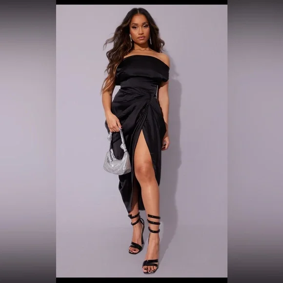 black satin off the shoulder draped skirt midi dress Women's Black Satin Off The Shoulder Draped Skirt Midi Dress